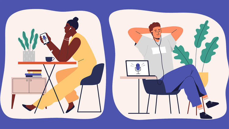Illustration of two people sitting down listening to podcasts