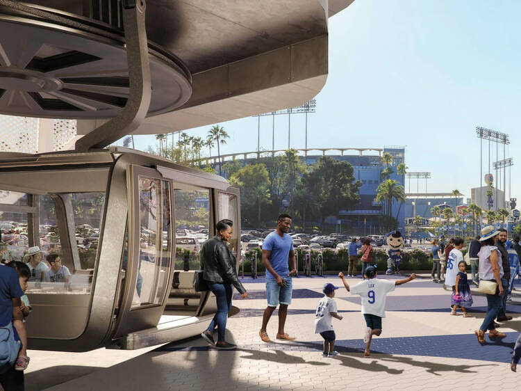 You can step inside one of the gondolas that may one day whisk you to Dodger Stadium